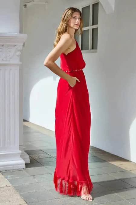 Style Junkiie_Red Crepe Tassels, Mirrors Asymmetric Embellished One Shoulder Kaftan Dress _Online_at_Aza_Fashions