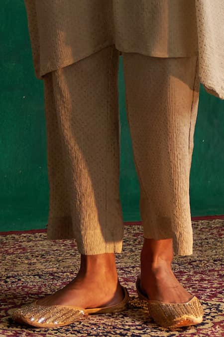 Rekha Agra_Grey Crinkled Cotton Silk Polka Dots Pattern And Embroidered Kimono & Pant Set _Online_at_Aza_Fashions