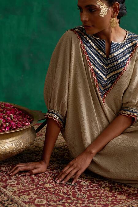 Buy_Rekha Agra_Grey Crinkled Cotton Silk Polka Dots Pattern And Embroidered Kimono & Pant Set _Online_at_Aza_Fashions