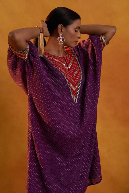 Buy_Rekha Agra_Purple Crinkled Cotton Silk Polka Dots Pattern And Gota Print Kimono & Pant Set _Online_at_Aza_Fashions