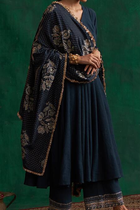 Rekha Agra_Blue Crinkled Cotton Silk, Dupatta Crepe Anarkali Set With Hand Embroidered _Online_at_Aza_Fashions