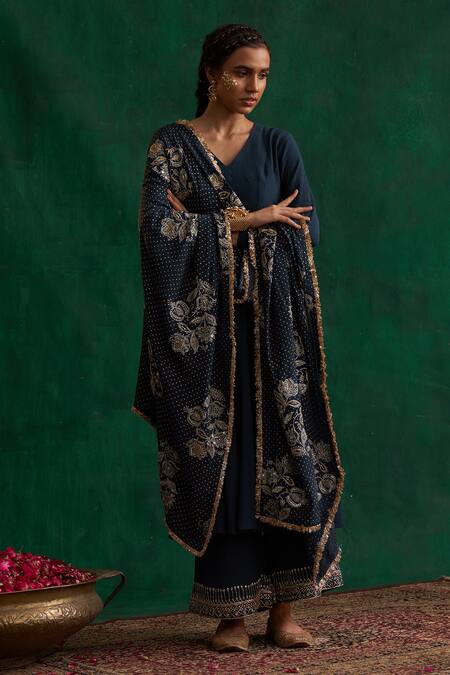 Buy_Rekha Agra_Blue Crinkled Cotton Silk, Dupatta Crepe Anarkali Set With Hand Embroidered _Online_at_Aza_Fashions