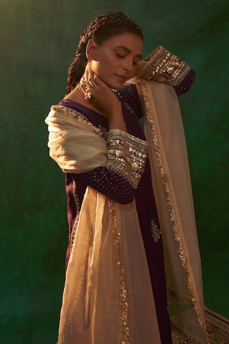 Buy_Rekha Agra_Purple Habutai Silk, Dupatta Organza Polka Dots Hand Block Print Kurta Set _Online_at_Aza_Fashions