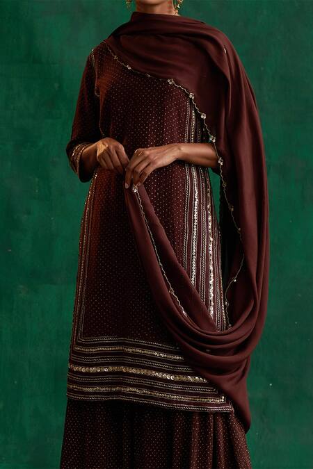 Rekha Agra_Brown Dupatta Chiffon, Gharara Crinkled Cotton Silk, Kurta Flex Print Set _Online_at_Aza_Fashions
