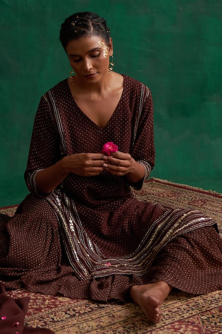 Buy_Rekha Agra_Brown Dupatta Chiffon, Gharara Crinkled Cotton Silk, Kurta Flex Print Set _Online_at_Aza_Fashions