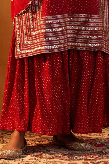 Rekha Agra_Red Dupatta Chiffon, Gharara Crinkled Cotton Silk, Hand Block Print Set _Online_at_Aza_Fashions