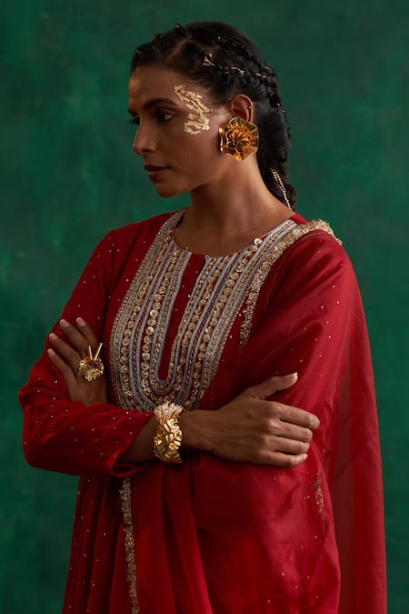 Rekha Agra_Red Chanderi, Dupatta Organza Mukaish, Sequin And Zari Work Round Anarkali Set _Online_at_Aza_Fashions