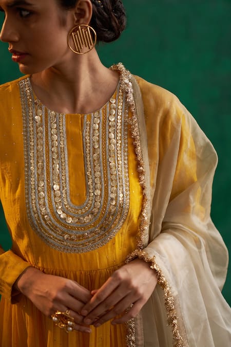 Rekha Agra_Yellow Chanderi, Dupatta Organza Mukaish, Embroidered Anarkali Palazzo Set _Online_at_Aza_Fashions