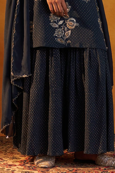 Rekha Agra_Blue Dupatta Chiffon, Kurta And Gharara Crinkled Cotton Hand Block Print Set _Online_at_Aza_Fashions