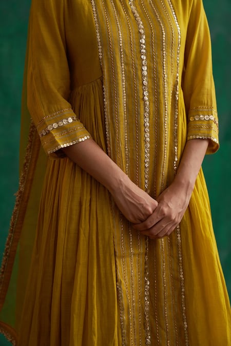 Rekha Agra_Green Dupatta Organza, Kalidar Kurta And Palazzo Chanderi Work In Striped Set _Online_at_Aza_Fashions