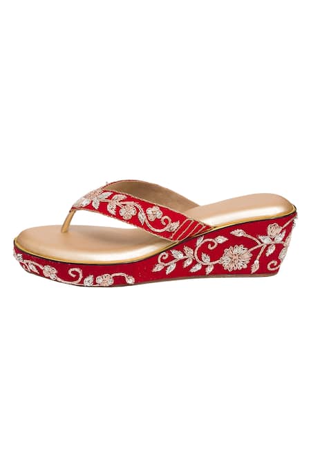 Kkarma Accessories_Red Embroidery Rewa Platform Wedges _Online_at_Aza_Fashions
