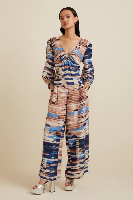 RANNA GILL_Multi Color Viscose Linen Print Abstract Nautical V Neck Top _Online_at_Aza_Fashions