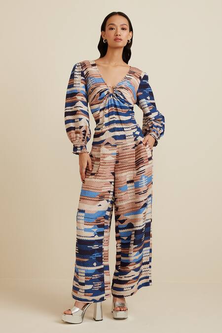 Buy_RANNA GILL_Multi Color Viscose Linen Print Abstract Nautical V Neck Top _Online_at_Aza_Fashions