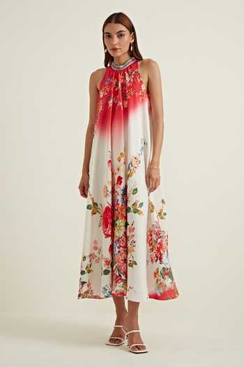 RANNA GILL Multi Color Viscose, Linen Embroidery Round Amella Vintage Floral Print Dress Online at Aza Fashions RANNA GILL_Multi Color Viscose, Linen Embroidery Round Amella Vintage Floral Print Dress_Online_at_Aza_Fashions