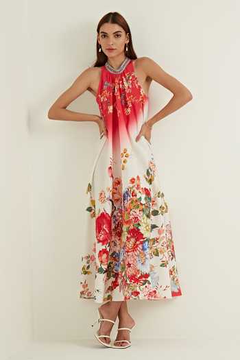 Shop RANNA GILL Multi Color Viscose, Linen Embroidery Round Amella Vintage Floral Print Dress Online at Aza Fashions Shop_RANNA GILL_Multi Color Viscose, Linen Embroidery Round Amella Vintage Floral Print Dress_Online_at_Aza_Fashions