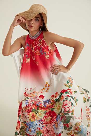 RANNA GILL Multi Color Viscose, Linen Embroidery Round Amella Vintage Floral Print Dress at Aza Fashions RANNA GILL_Multi Color Viscose, Linen Embroidery Round Amella Vintage Floral Print Dress_at_Aza_Fashions