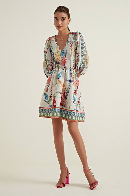 RANNA GILL_Multi Color Viscose Linen Print Meadow V Neck Midi Dress _Online_at_Aza_Fashions