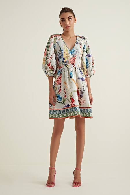 Buy_RANNA GILL_Multi Color Viscose Linen Print Meadow V Neck Midi Dress _Online_at_Aza_Fashions