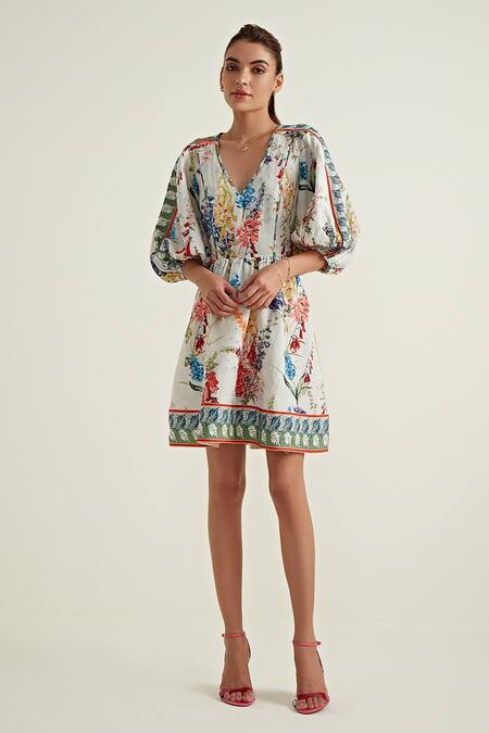 Shop_RANNA GILL_Multi Color Viscose Linen Print Meadow V Neck Midi Dress _Online_at_Aza_Fashions