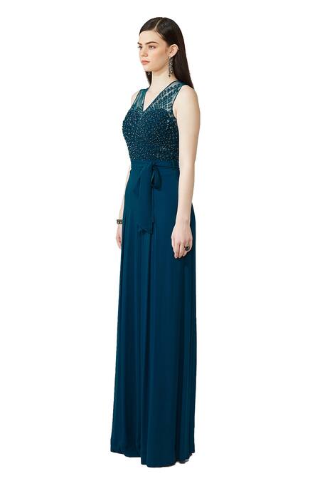 Buy Rohit Gandhi + Rahul Khanna Blue Georgette Embroidered V Neck Jumpsuit With Belt Online at Aza Fashions Buy_Rohit Gandhi + Rahul Khanna_Blue Georgette Embroidered V Neck Jumpsuit With Belt _Online_at_Aza_Fashions