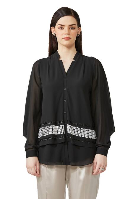 Buy Rohit Gandhi + Rahul Khanna Black Viscose Georgette Embellished Shirt Collar V Neck Embroidered Online at Aza Fashions Buy_Rohit Gandhi + Rahul Khanna_Black Viscose Georgette Embellished Shirt Collar V Neck Embroidered _Online_at_Aza_Fashions