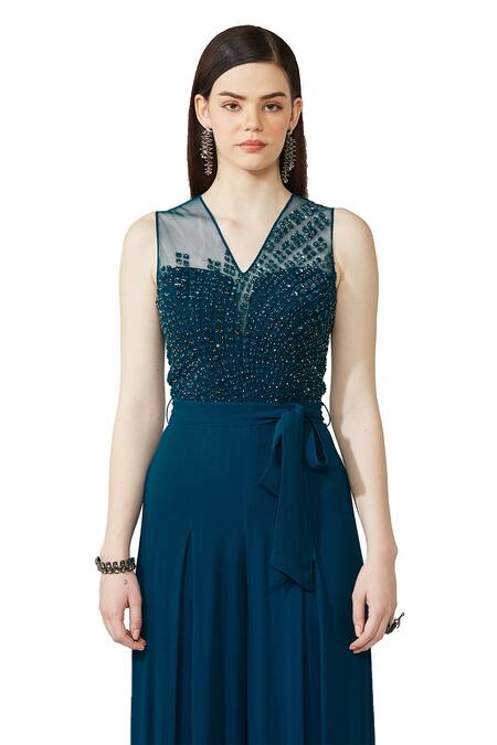 Rohit Gandhi + Rahul Khanna Blue Georgette Embroidered V Neck Jumpsuit With Belt Online at Aza Fashions Rohit Gandhi + Rahul Khanna_Blue Georgette Embroidered V Neck Jumpsuit With Belt _Online_at_Aza_Fashions
