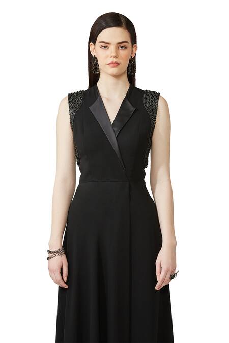 Rohit Gandhi + Rahul Khanna Black Heavy Crepe Embellished Lapel Overlap Wrap Dress Online at Aza Fashions Rohit Gandhi + Rahul Khanna_Black Heavy Crepe Embellished Lapel Overlap Wrap Dress _Online_at_Aza_Fashions