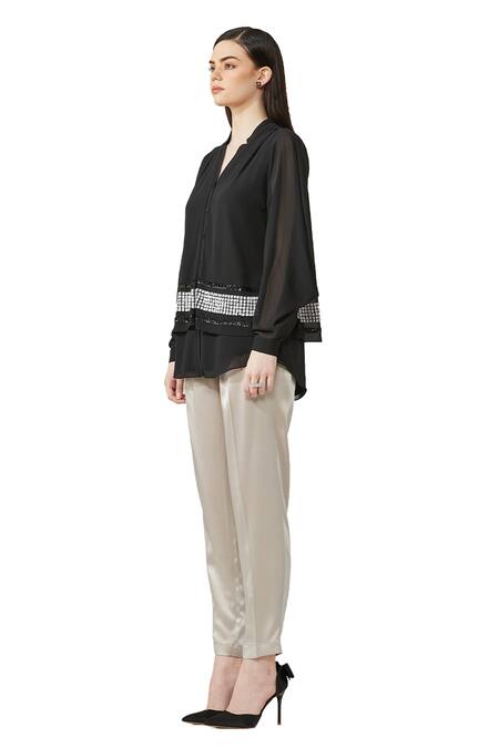 Rohit Gandhi + Rahul Khanna Black Viscose Georgette Embellished Shirt Collar V Neck Embroidered Online at Aza Fashions Rohit Gandhi + Rahul Khanna_Black Viscose Georgette Embellished Shirt Collar V Neck Embroidered _Online_at_Aza_Fashions