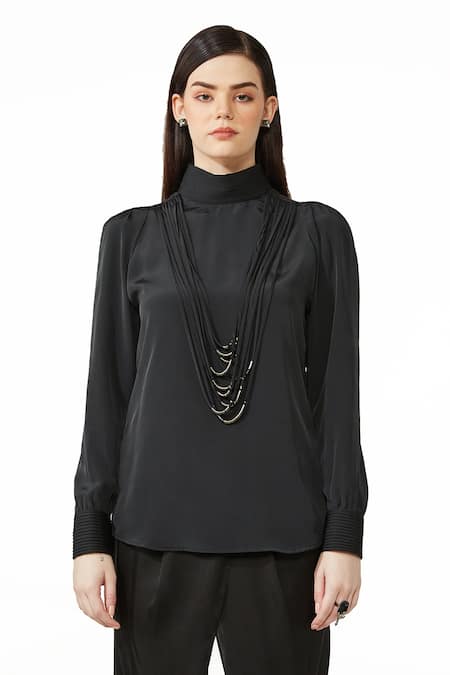 Rohit Gandhi + Rahul Khanna Black Georgette Embroidery Mandarin Collar Embellished Top Online at Aza Fashions Rohit Gandhi + Rahul Khanna_Black Georgette Embroidery Mandarin Collar Embellished Top _Online_at_Aza_Fashions