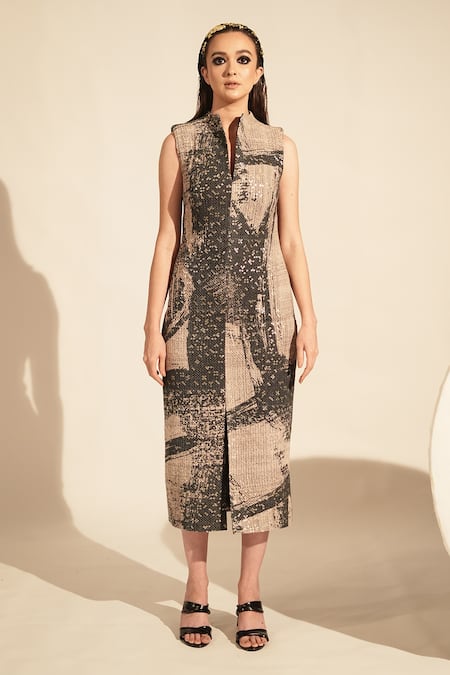 Shop_Nikita Mhaisalkar_Black Georgette Sequins Collared Embellished Bodycon Dress _Online_at_Aza_Fashions