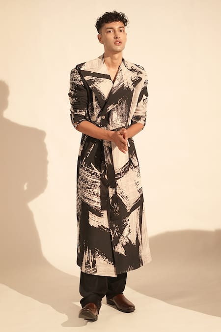 Nikita Mhaisalkar_Black Georgette Brush Stroke Print Trench Jacket _Online_at_Aza_Fashions