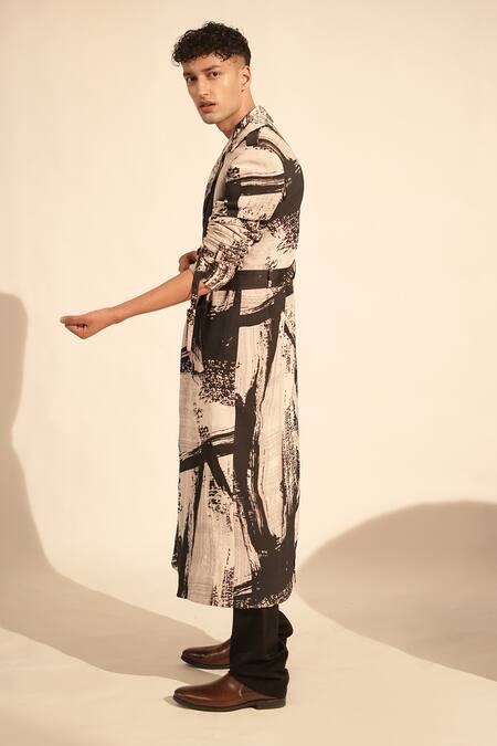 Buy_Nikita Mhaisalkar_Black Georgette Brush Stroke Print Trench Jacket _Online_at_Aza_Fashions