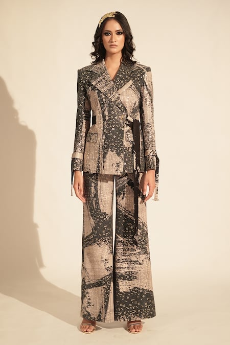 Nikita Mhaisalkar_Black Georgette Sequins Brush Stroke Print Blazer With Pant _Online_at_Aza_Fashions