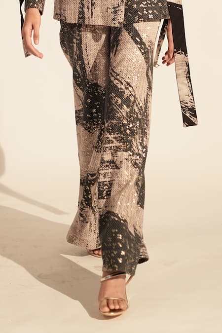 Buy_Nikita Mhaisalkar_Black Georgette Sequins Brush Stroke Print Blazer With Pant _Online_at_Aza_Fashions