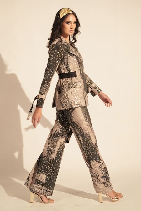 Shop_Nikita Mhaisalkar_Black Georgette Sequins Brush Stroke Print Blazer With Pant _Online_at_Aza_Fashions