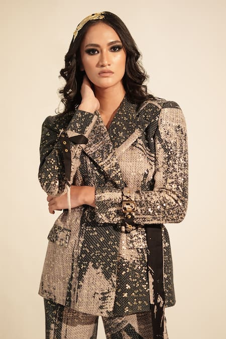 Nikita Mhaisalkar_Black Georgette Sequins Brush Stroke Print Blazer With Pant _at_Aza_Fashions