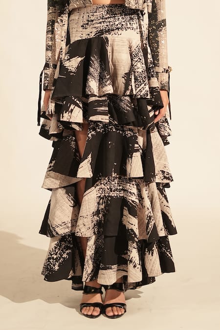 Nikita Mhaisalkar Black Georgette Brush Stroke Print Skirt Online at Aza Fashions Nikita Mhaisalkar_Black Georgette Brush Stroke Print Skirt _Online_at_Aza_Fashions