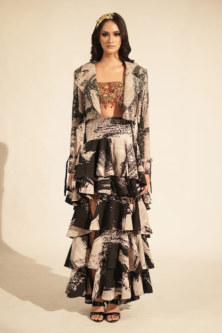 Nikita Mhaisalkar_Black Georgette Sequins, Embroidery Collared Brush Stroke Print Bomber Jacket _Online_at_Aza_Fashions