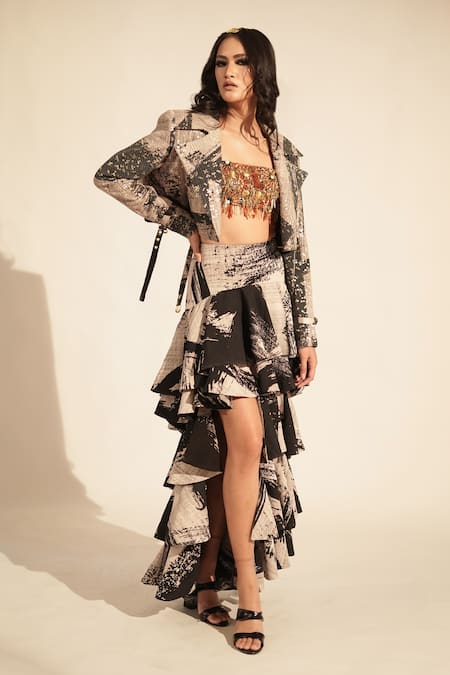 Shop Nikita Mhaisalkar Black Georgette Brush Stroke Print Skirt Online at Aza Fashions Shop_Nikita Mhaisalkar_Black Georgette Brush Stroke Print Skirt _Online_at_Aza_Fashions