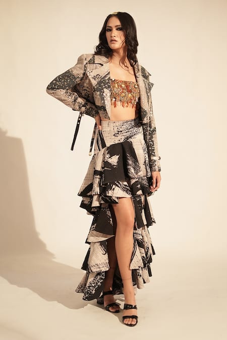 Buy_Nikita Mhaisalkar_Black Georgette Sequins, Embroidery Collared Brush Stroke Print Bomber Jacket _Online_at_Aza_Fashions