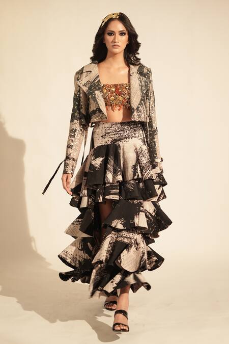 Nikita Mhaisalkar Black Georgette Brush Stroke Print Skirt at Aza Fashions Nikita Mhaisalkar_Black Georgette Brush Stroke Print Skirt _at_Aza_Fashions