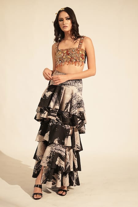 Buy Nikita Mhaisalkar Black Georgette Brush Stroke Print Skirt Buy_Nikita Mhaisalkar_Black Georgette Brush Stroke Print Skirt