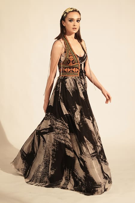Shop_Nikita Mhaisalkar_Black Chiffon Sweetheart Neck Brush Stroke Print Maxi Dress _Online_at_Aza_Fashions