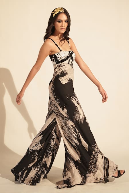 Buy_Nikita Mhaisalkar_Black Georgette Beads, Embroidery Square Neck Brush Stroke Print Jumpsuit _Online_at_Aza_Fashions