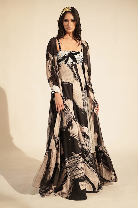 Buy_Nikita Mhaisalkar_Black Georgette Beads Open Neck Brush Stroke Print Jacket _Online_at_Aza_Fashions