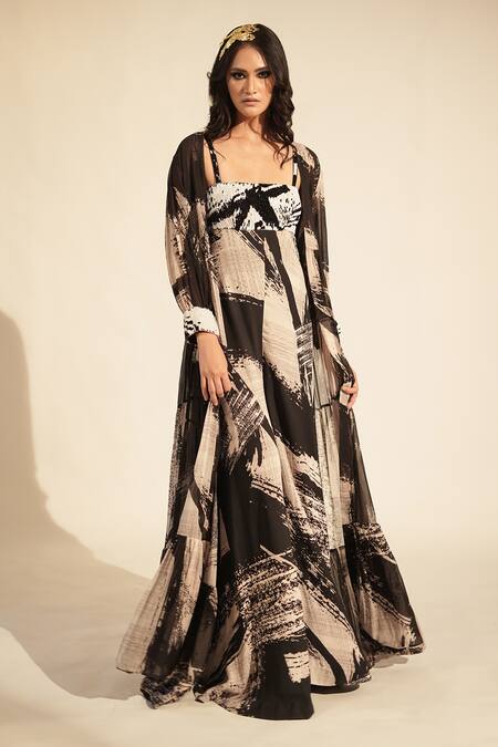 Shop_Nikita Mhaisalkar_Black Georgette Beads, Embroidery Square Neck Brush Stroke Print Jumpsuit _Online_at_Aza_Fashions