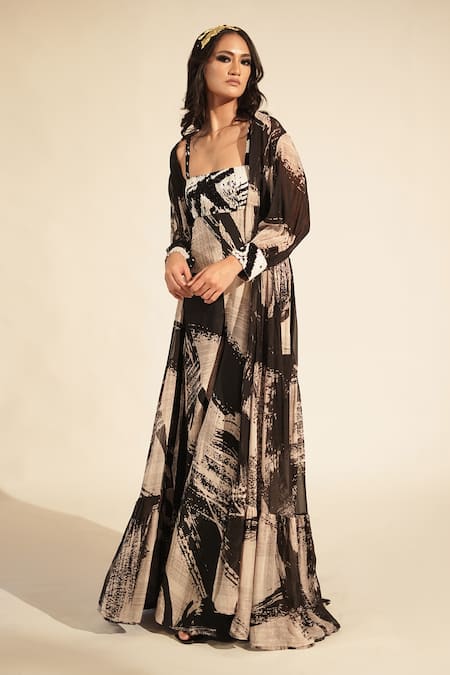 Shop_Nikita Mhaisalkar_Black Georgette Beads Open Neck Brush Stroke Print Jacket _Online_at_Aza_Fashions