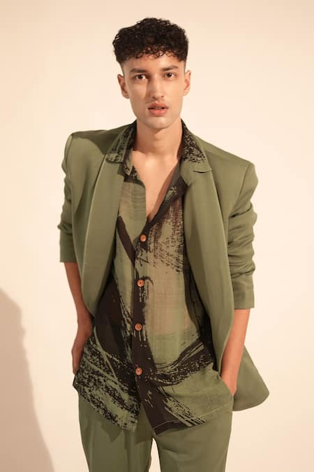 Buy_Nikita Mhaisalkar_Green Georgette Brush Stroke Print Shirt _Online_at_Aza_Fashions