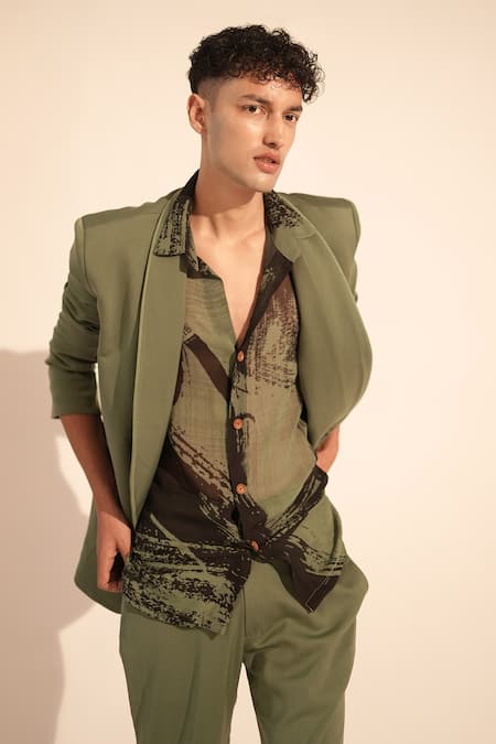 Shop_Nikita Mhaisalkar_Green Georgette Brush Stroke Print Shirt _Online_at_Aza_Fashions