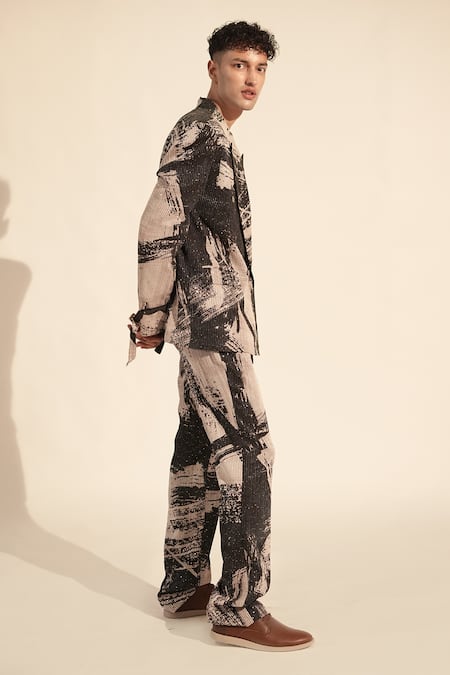Nikita Mhaisalkar_Black Georgette Sequins, Embroidery Brush Stroke Print Blazer With Pant _Online_at_Aza_Fashions